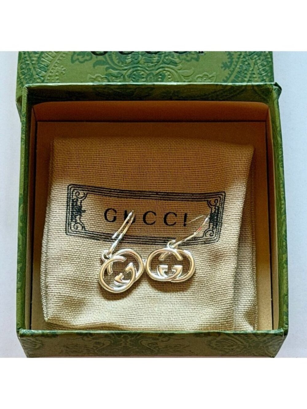 NEW GUCCI Interlocking G Drop Earrings - Gucci 925 Silver Dangle Logo